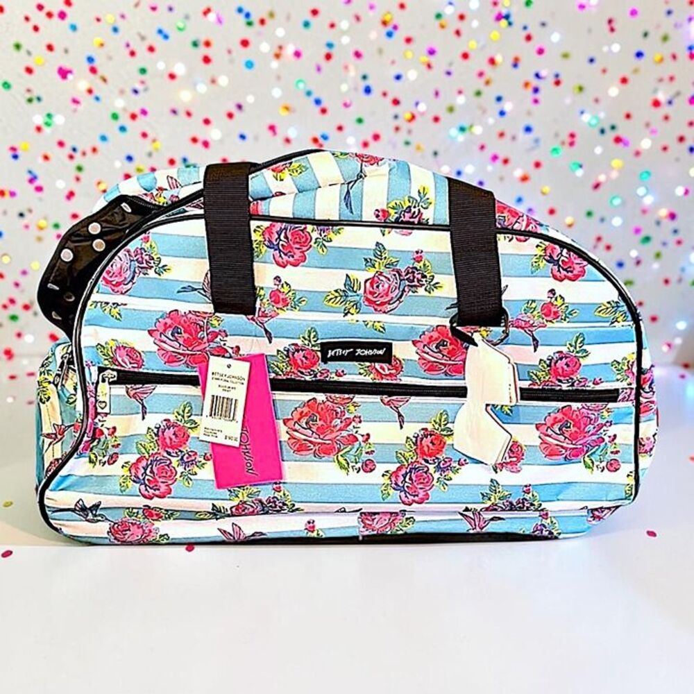 Betsey Johnson Designer Carry On Rolling Duffel Bag In Stripe Floral RV $160